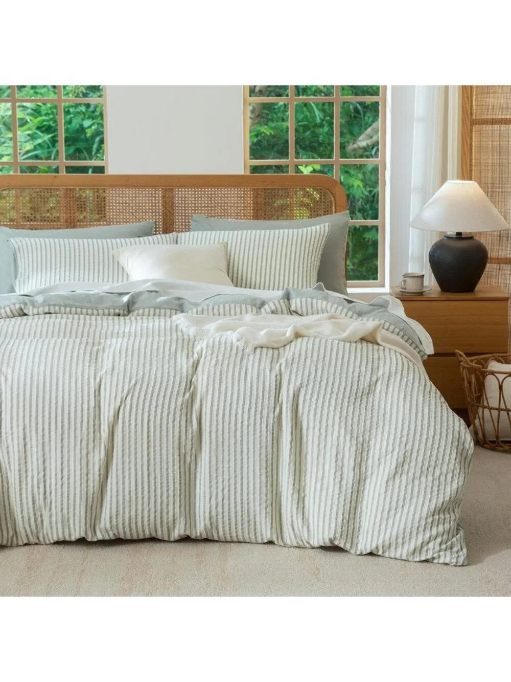 Sage Green Striped King Comforter Set - Soft Microfiber Bedding, 3 Pieces, All
